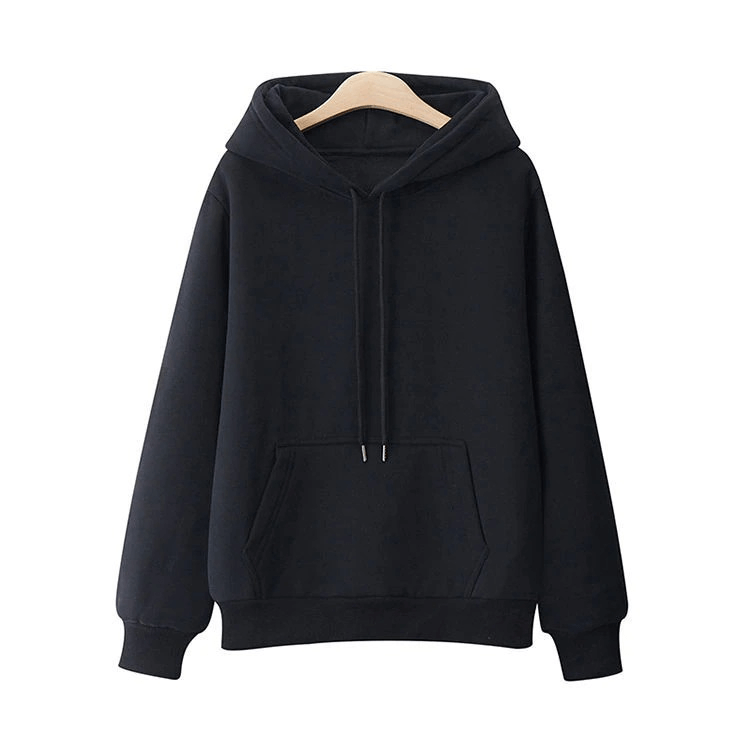 Solid color women's hoodie with long sleeves and front pockets, perfect for casual wear. Made with a cotton blend for comfort and warmth.